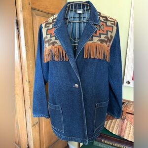 VINTAGE ROUGHRIDER Denim Blazer Jacket with Fringe and Southwest Pattern Accents